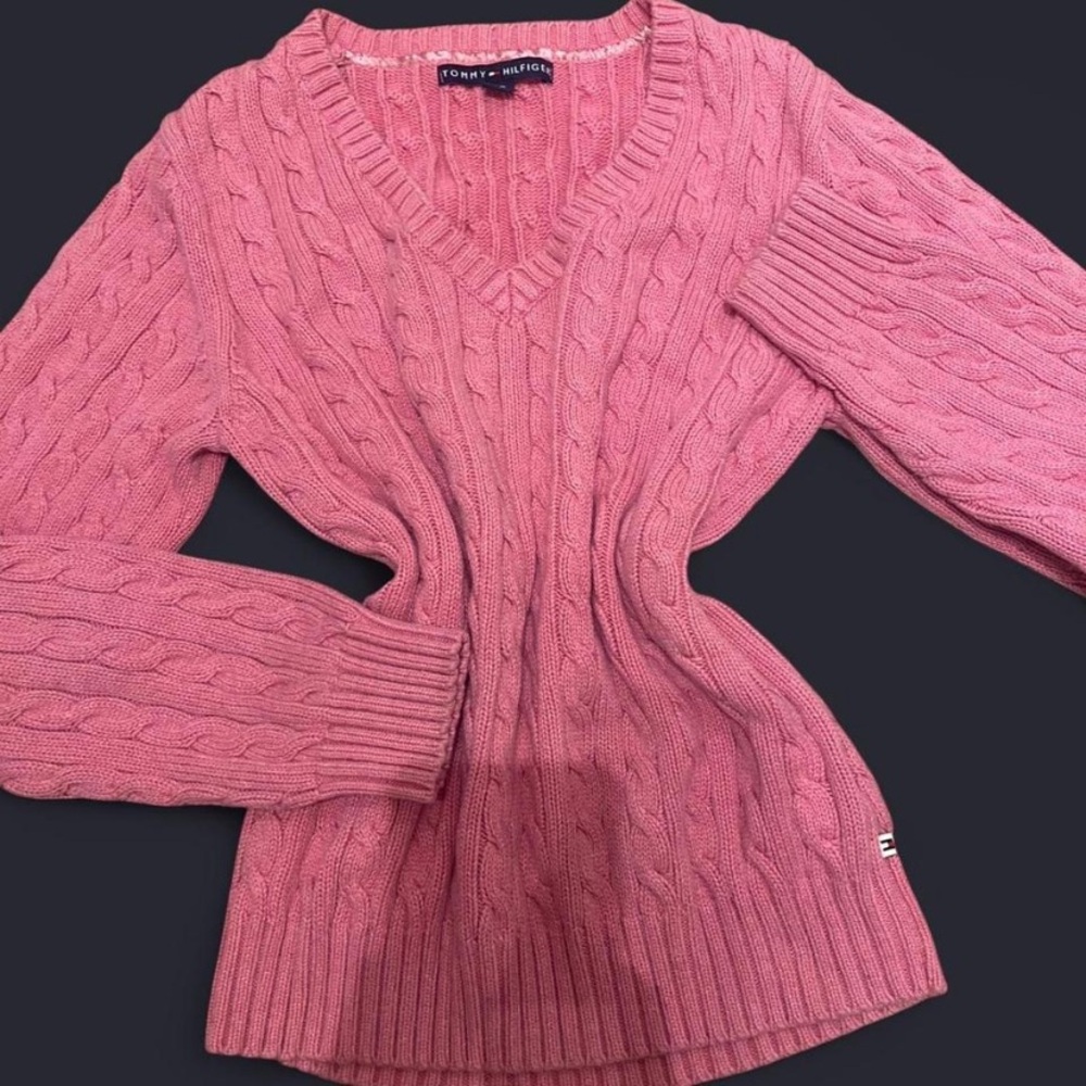 Rare vintage y2k mcbling pink Cable
Knit V-Neck Sweater